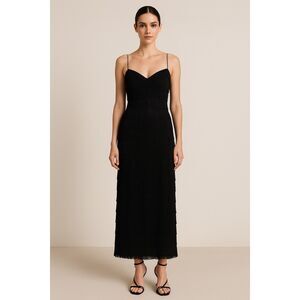 Vintage Inspired Black Fringe Maxi evening Gown With Rhinestone Straps